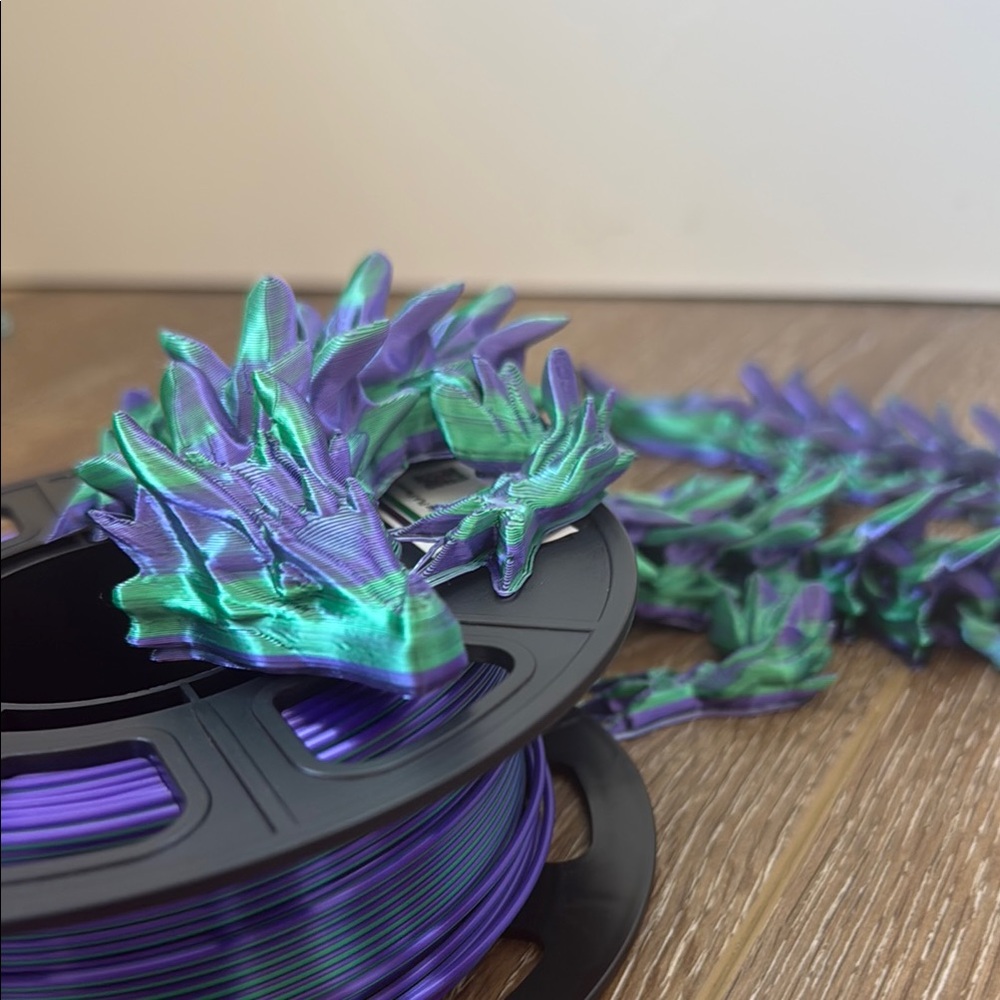 3D Printed Dragon Figurine in Green and Purple